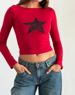 Motel Rocks Basics | Basic Tops-Amabon Long Sleeve Top in Adrenaline Red with Black Star AdrenalineRedwithBlackStar
