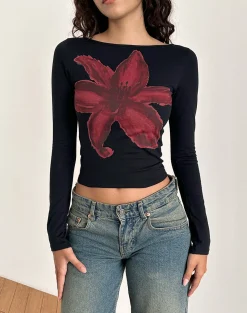 Motel Rocks Printed Tops | Long Sleeve Tops-Amabon Long Sleeve Top in Black with Burgundy Painted Flower BlackwithBurgundyPaintedFlower