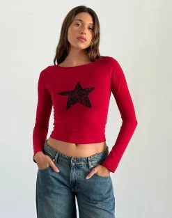 Motel Rocks Basics | Basic Tops-Amabon Long Sleeve Top in Adrenaline Red with Black Star AdrenalineRedwithBlackStar