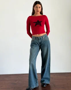 Motel Rocks Basics | Basic Tops-Amabon Long Sleeve Top in Adrenaline Red with Black Star AdrenalineRedwithBlackStar
