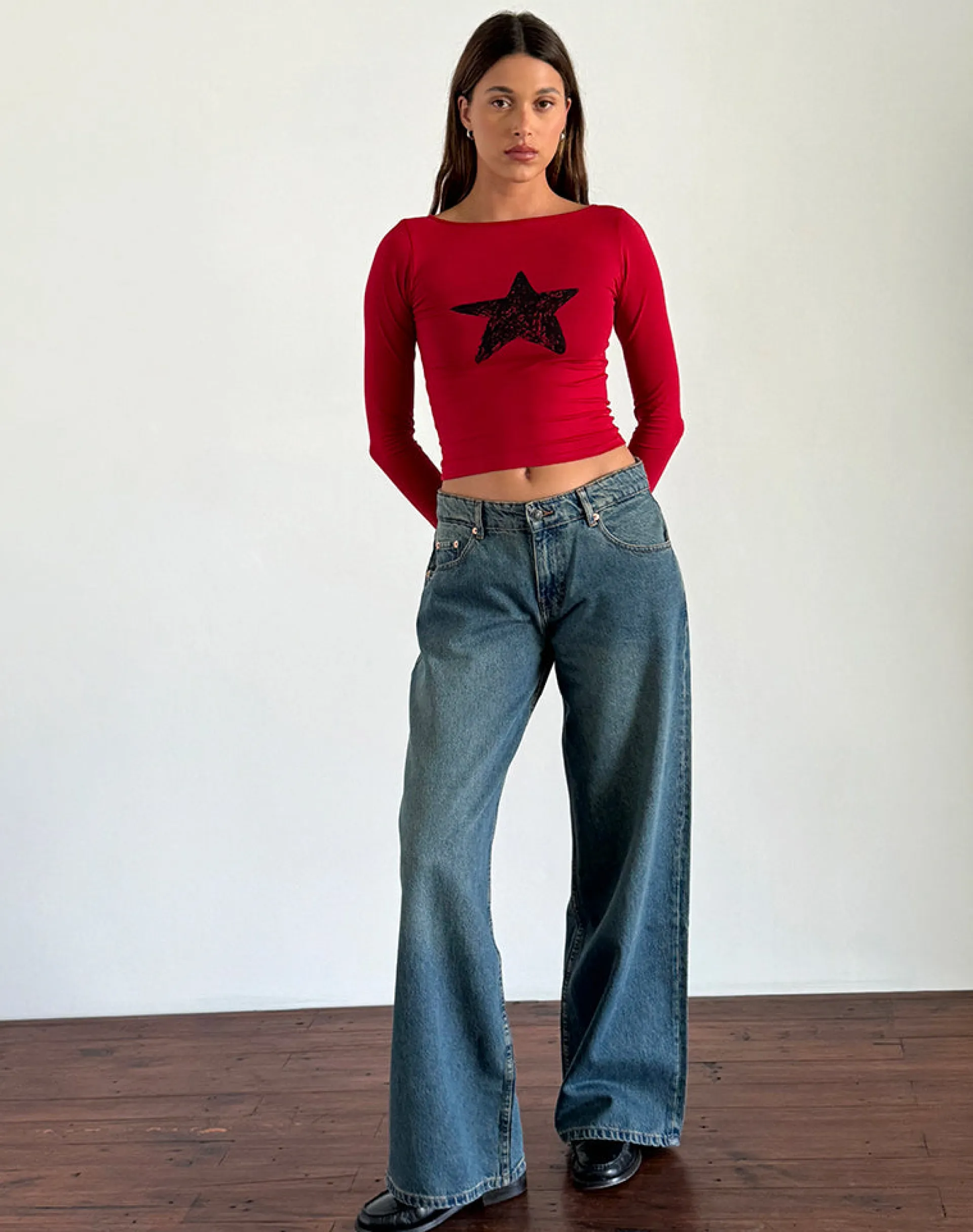 Motel Rocks Basics | Basic Tops-Amabon Long Sleeve Top in Adrenaline Red with Black Star AdrenalineRedwithBlackStar
