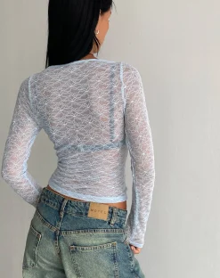 Motel Rocks Lace Tops | Long Sleeve Tops-Amabon Long Sleeve Top in Lace Baby Blue LaceBabyBlue