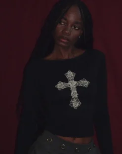 Motel Rocks Long Sleeve Tops-Amabon Top in Black with Cross Motif BlackwithCrossMotif