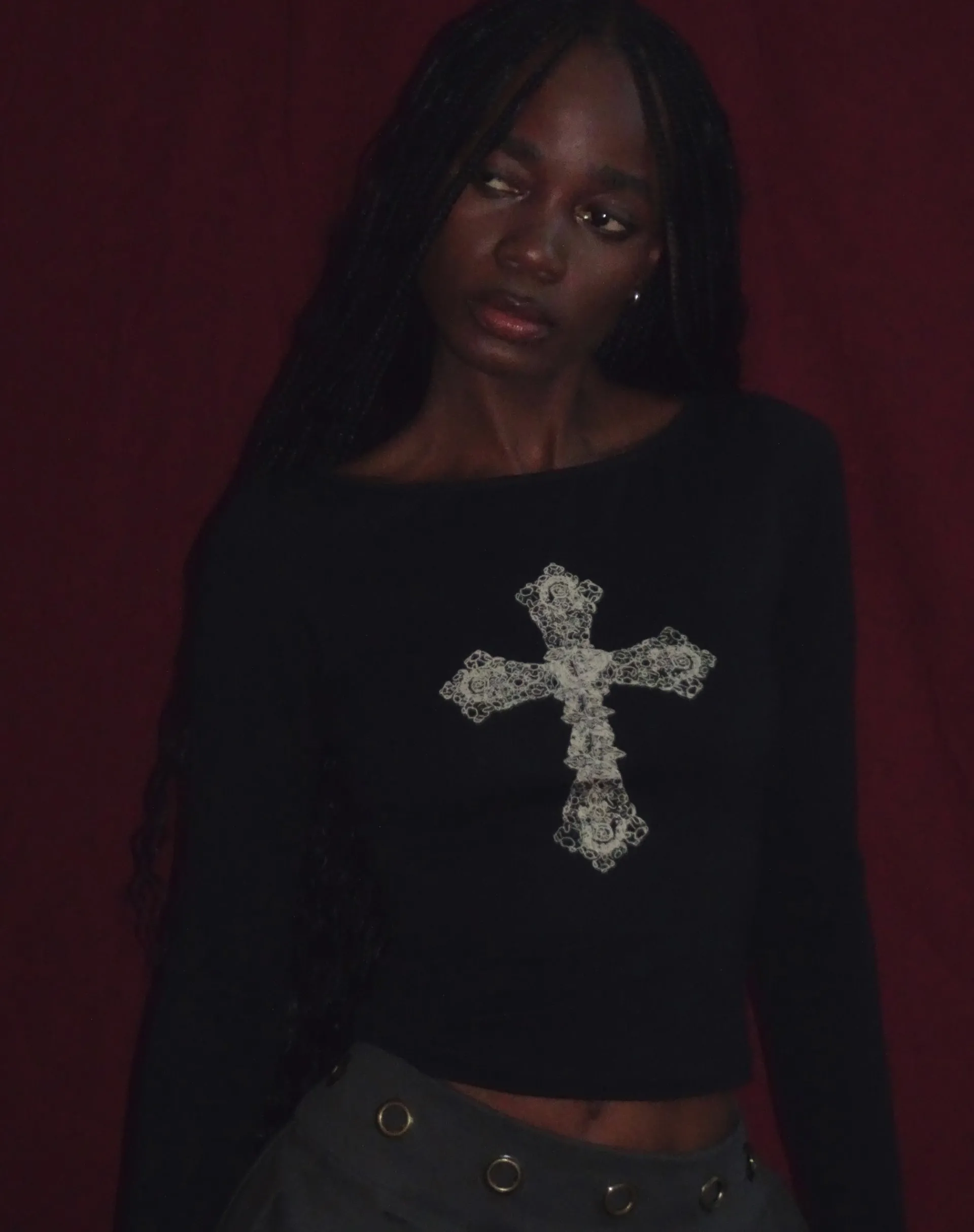 Motel Rocks Long Sleeve Tops-Amabon Top in Black with Cross Motif BlackwithCrossMotif
