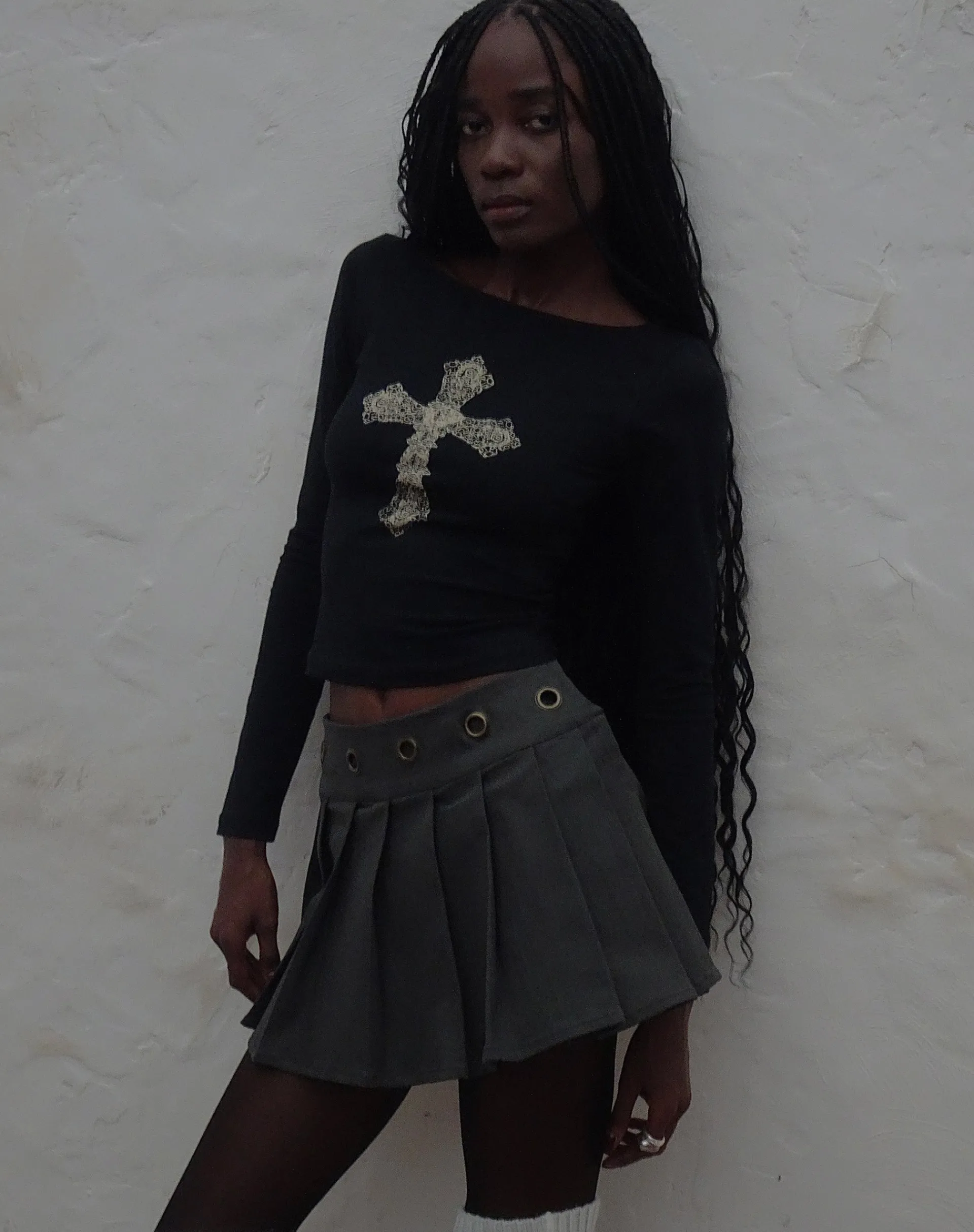 Motel Rocks Long Sleeve Tops-Amabon Top in Black with Cross Motif BlackwithCrossMotif