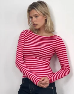 Motel Rocks Basic Tops | Printed Tops-Amabon Top in Pink and Red Stripe PinkandRedStripe
