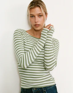 Motel Rocks Basic Tops | Long Sleeve Tops-Amabon Top in Sage Green Stripe SageGreenStripe
