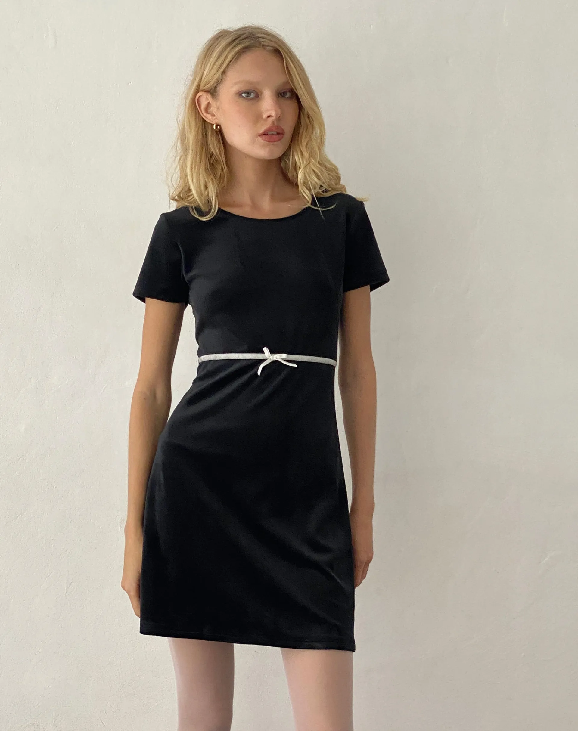 Motel Rocks Little Black Dresses | Party Dresses-Amanda Mini Dress in Black Velvet with White Trim and Bow