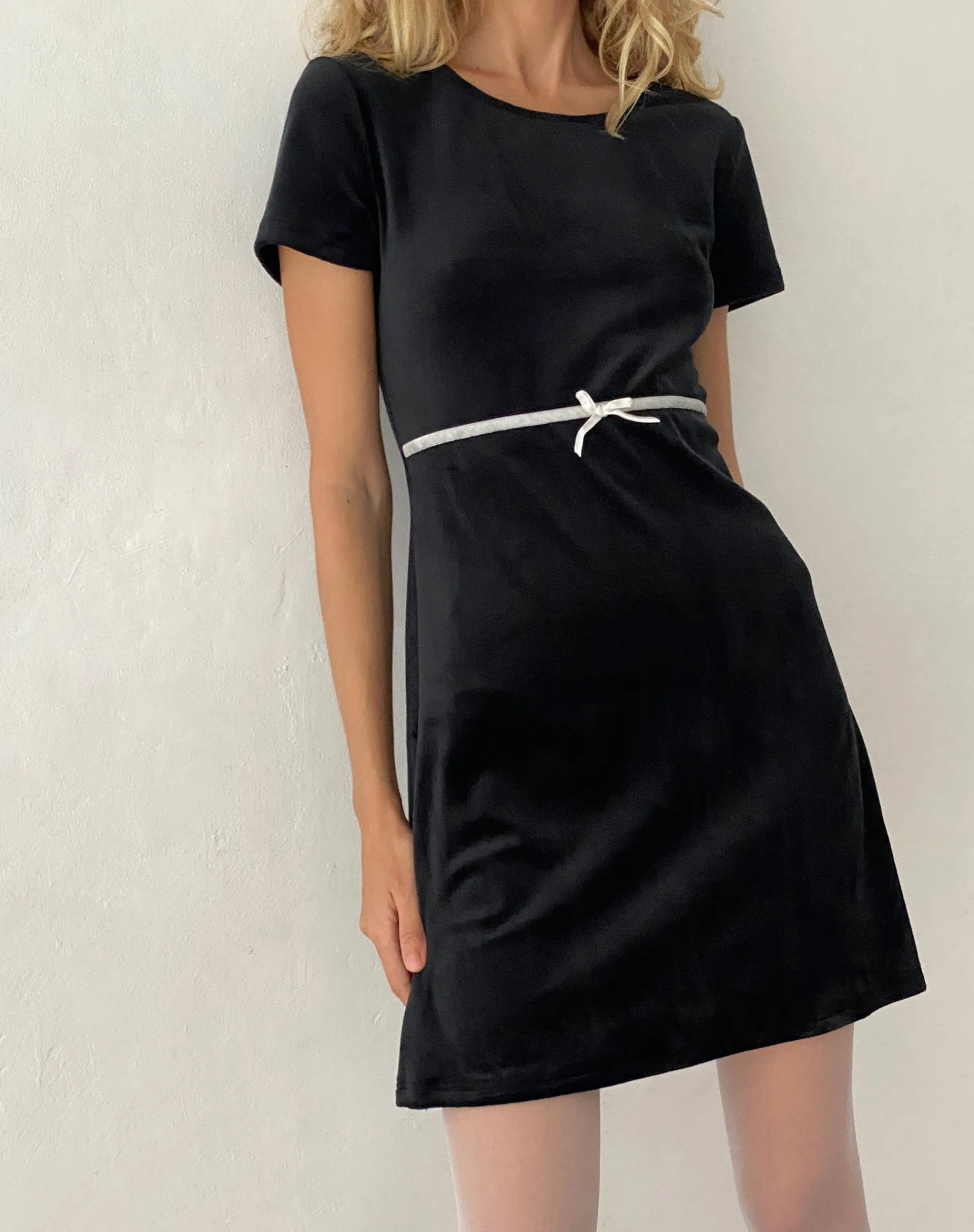 Motel Rocks Little Black Dresses | Party Dresses-Amanda Mini Dress in Black Velvet with White Trim and Bow