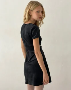 Motel Rocks Little Black Dresses | Party Dresses-Amanda Mini Dress in Black Velvet with White Trim and Bow