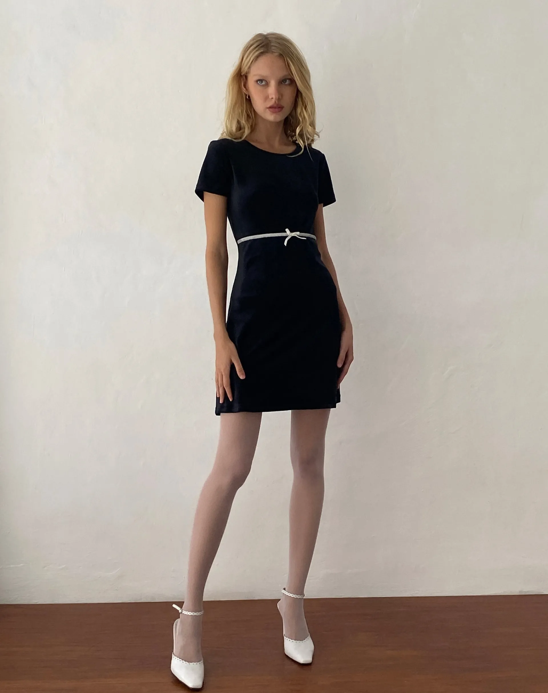 Motel Rocks Little Black Dresses | Party Dresses-Amanda Mini Dress in Black Velvet with White Trim and Bow