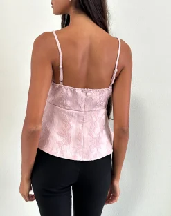 Motel Rocks Strappy Tops | Going Out Tops-Amerta Cami Top in Satin Jacquard Baby Pink
