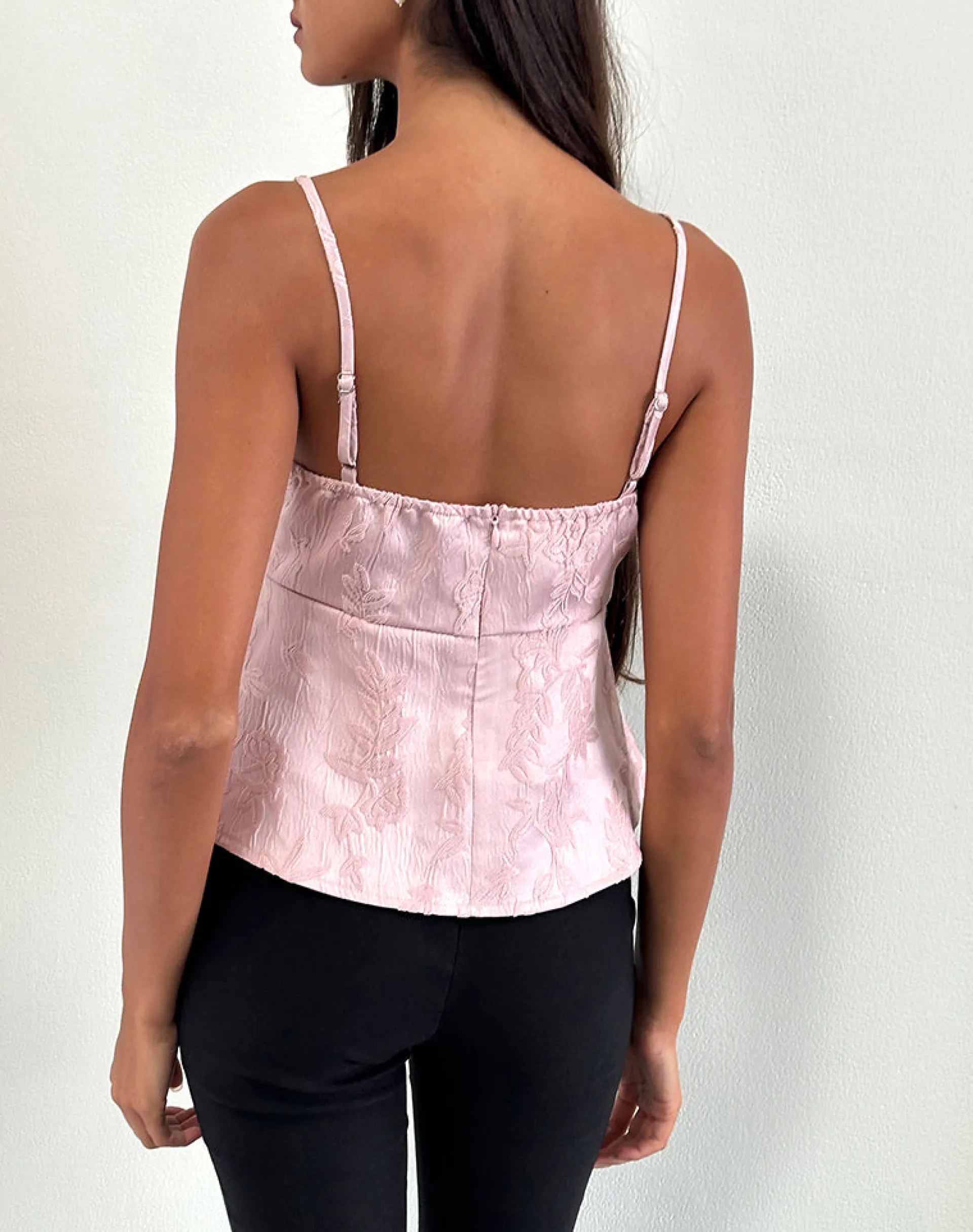 Motel Rocks Strappy Tops | Going Out Tops-Amerta Cami Top in Satin Jacquard Baby Pink