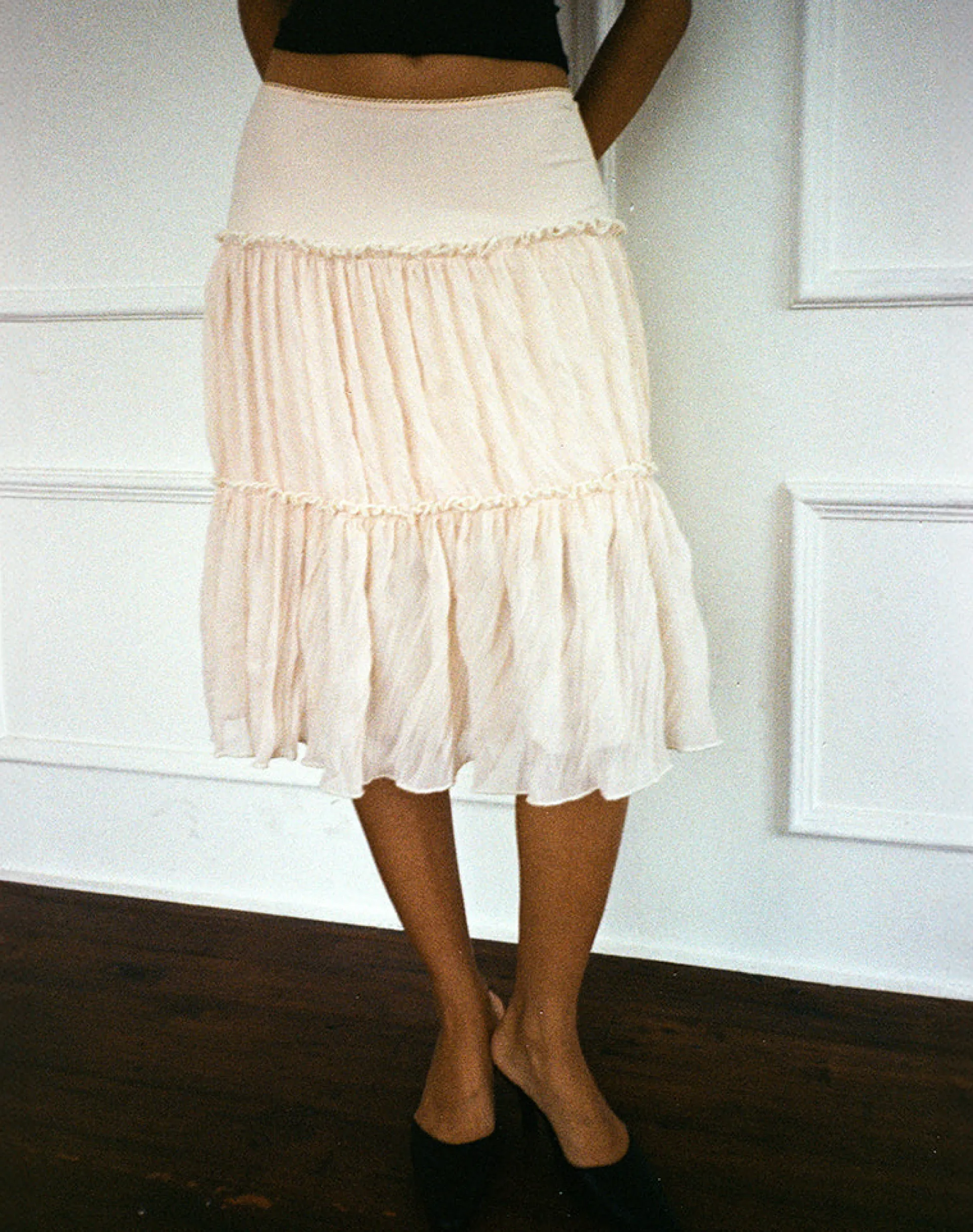 Motel Rocks Midi Skirts-Anahita Tiered Skirt in Chiffon Buttercream ChiffonButtercream