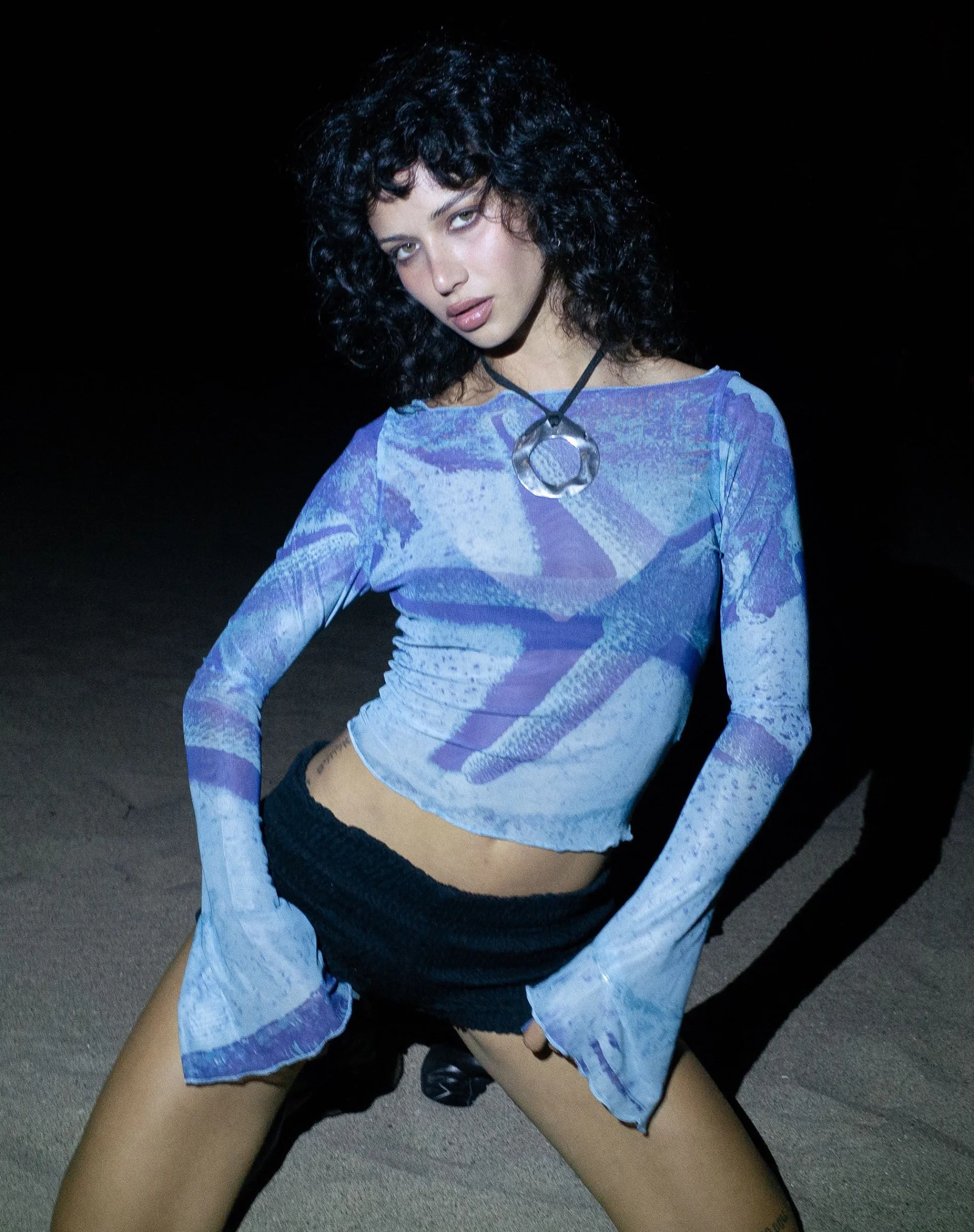 Motel Rocks Printed Tops | Long Sleeve Tops-Anchi Mesh Long Sleeve Top in Blue Starfish Photoprint