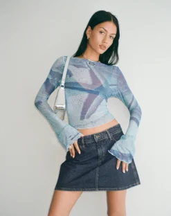 Motel Rocks Printed Tops | Long Sleeve Tops-Anchi Mesh Long Sleeve Top in Blue Starfish Photoprint