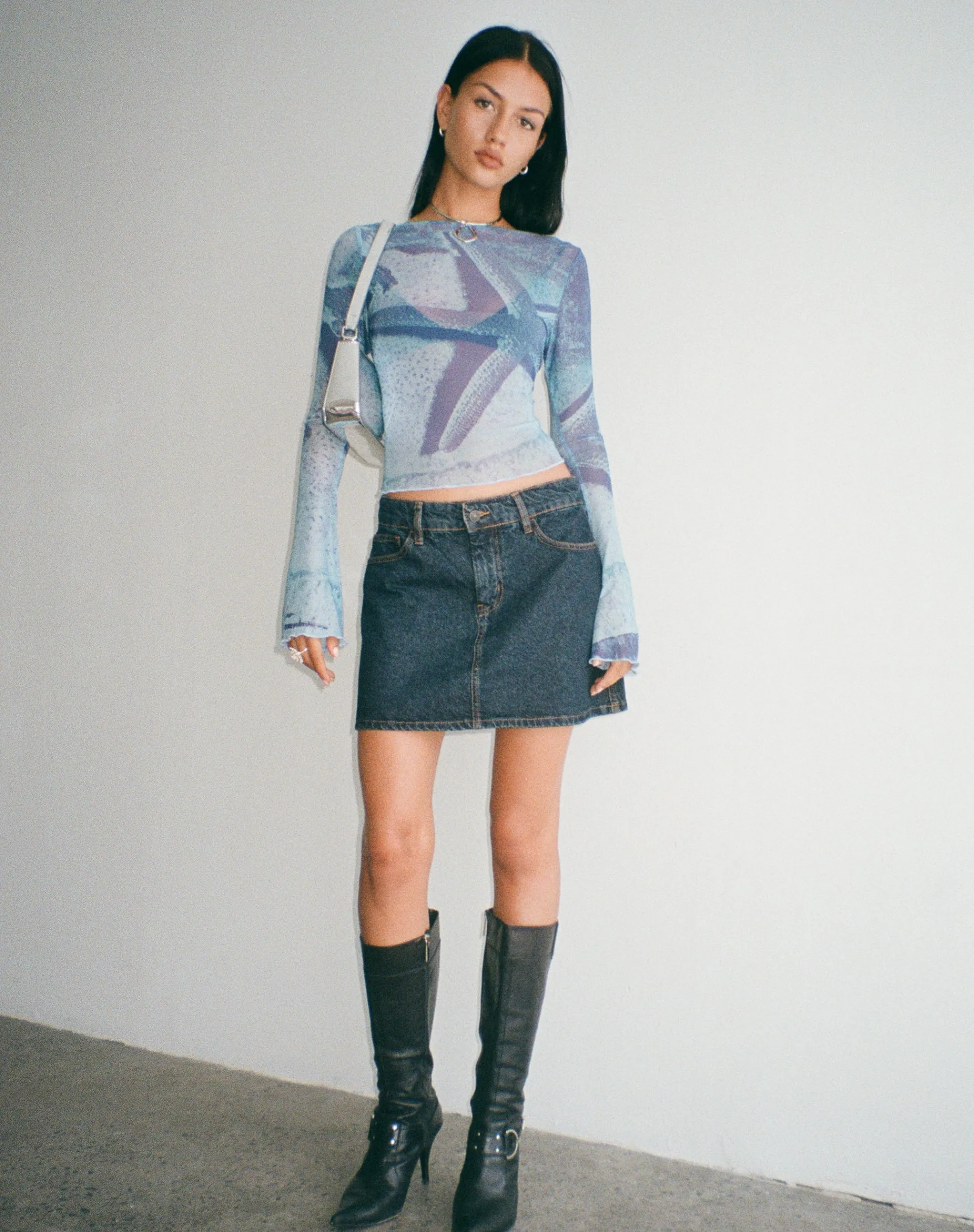 Motel Rocks Printed Tops | Long Sleeve Tops-Anchi Mesh Long Sleeve Top in Blue Starfish Photoprint