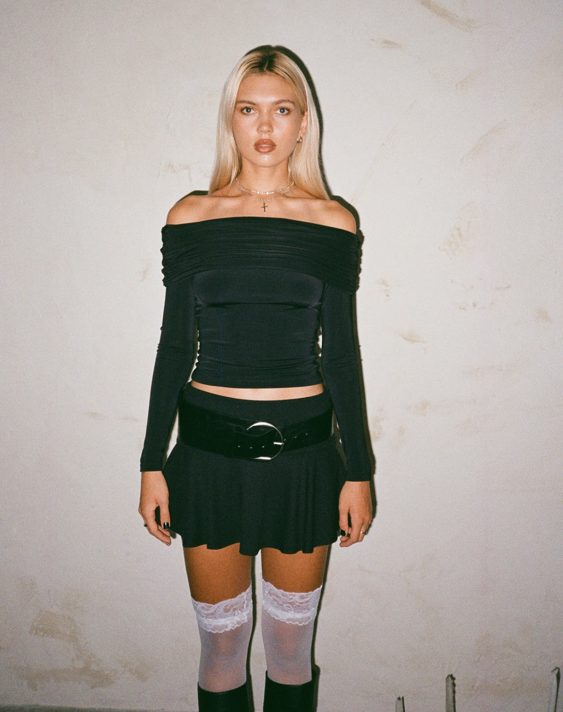 Motel Rocks Long Sleeve Tops-Andi Long Sleeve Bardot Top in Slinky Black SlinkyBlack