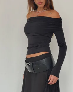 Motel Rocks Long Sleeve Tops-Andi Long Sleeve Bardot Top in Slinky Black SlinkyBlack