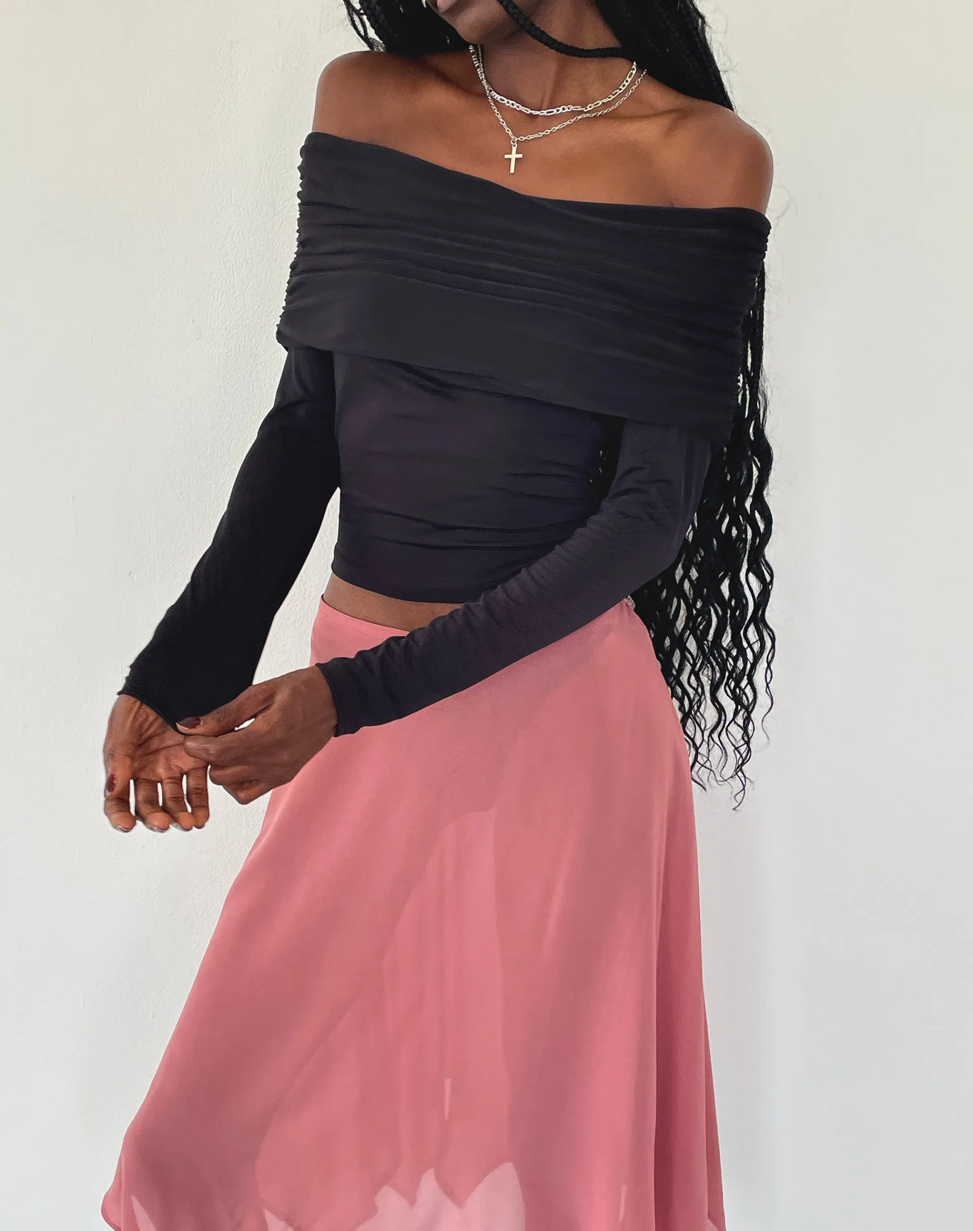 Motel Rocks Long Sleeve Tops-Andi Long Sleeve Bardot Top in Slinky Black SlinkyBlack