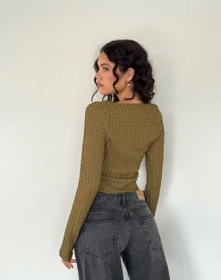 Motel Rocks Basics | Basic Tops-Angela Long Sleeve Top in Crinkle Olive CrinkleOlive