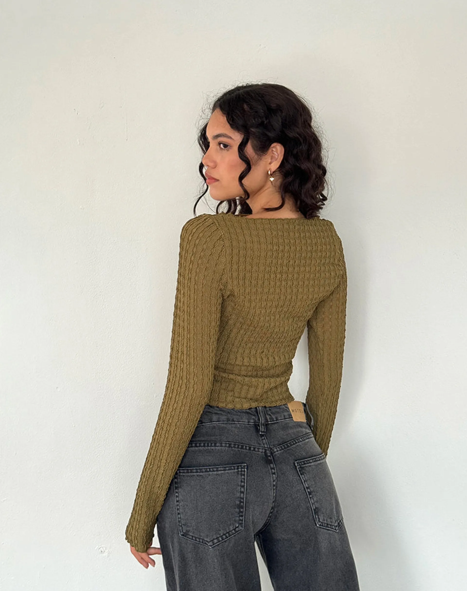 Motel Rocks Basics | Basic Tops-Angela Long Sleeve Top in Crinkle Olive CrinkleOlive