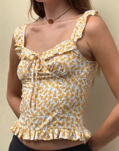 Motel Rocks Printed Tops | Strappy Tops-Angelica Top in Yellow Cosmos Garden