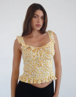 Motel Rocks Printed Tops | Strappy Tops-Angelica Top in Yellow Cosmos Garden