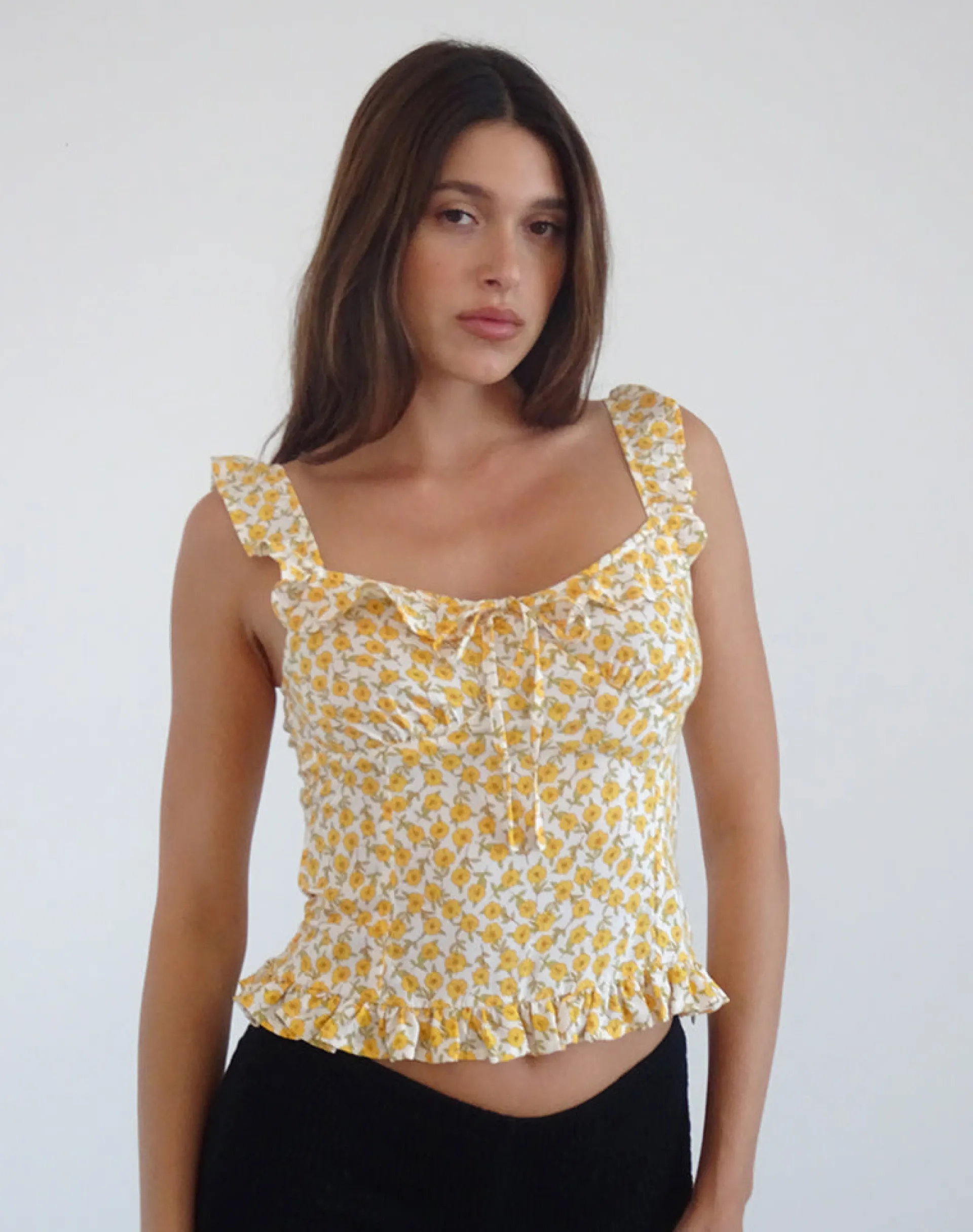 Motel Rocks Printed Tops | Strappy Tops-Angelica Top in Yellow Cosmos Garden