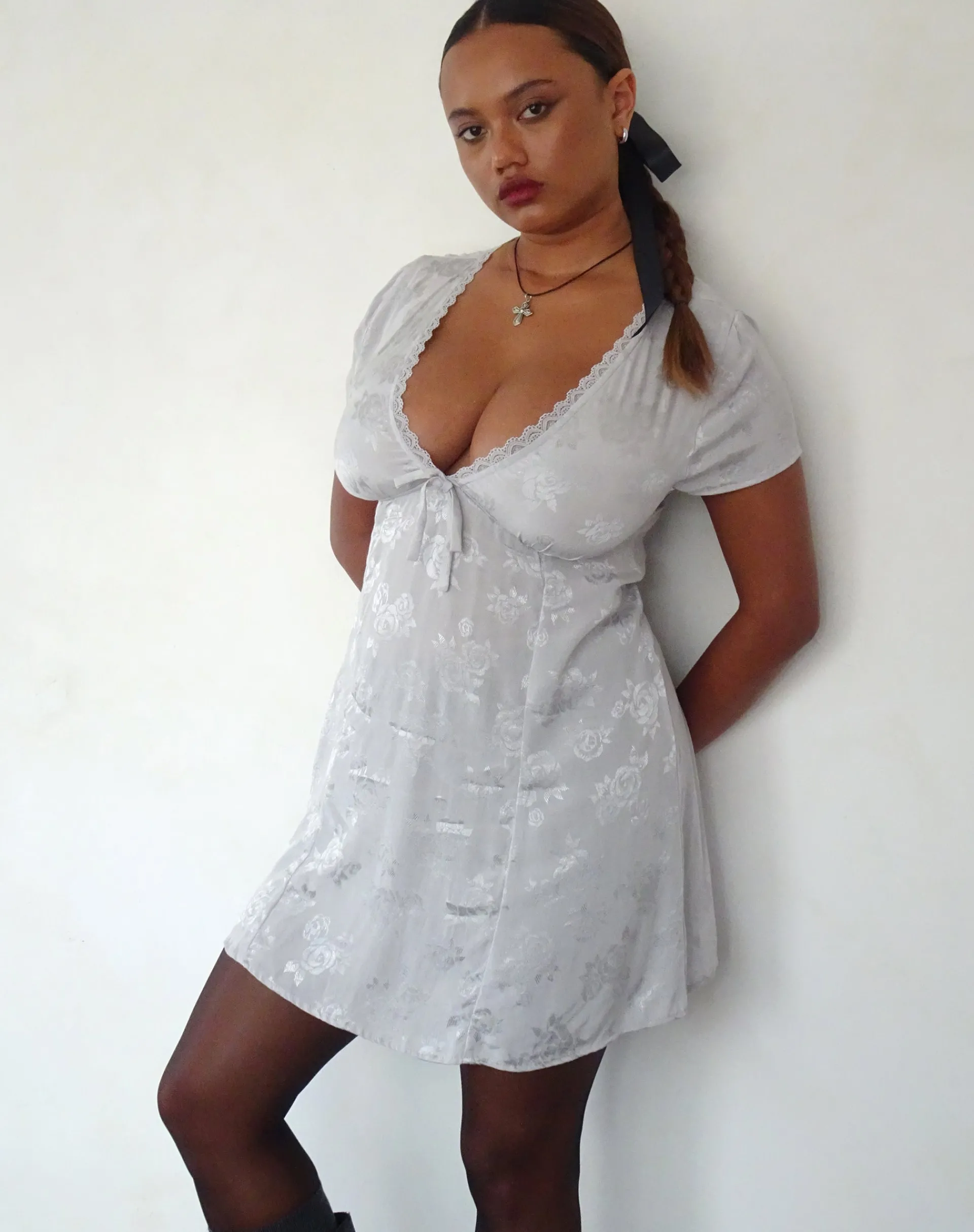Motel Rocks Printed Dresses | Party Dresses-Anjalia Mini Dress in Satin Rose Silver Grey