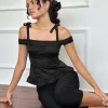 Motel Rocks Going Out Tops-Anneli Frill Hem Top in Black