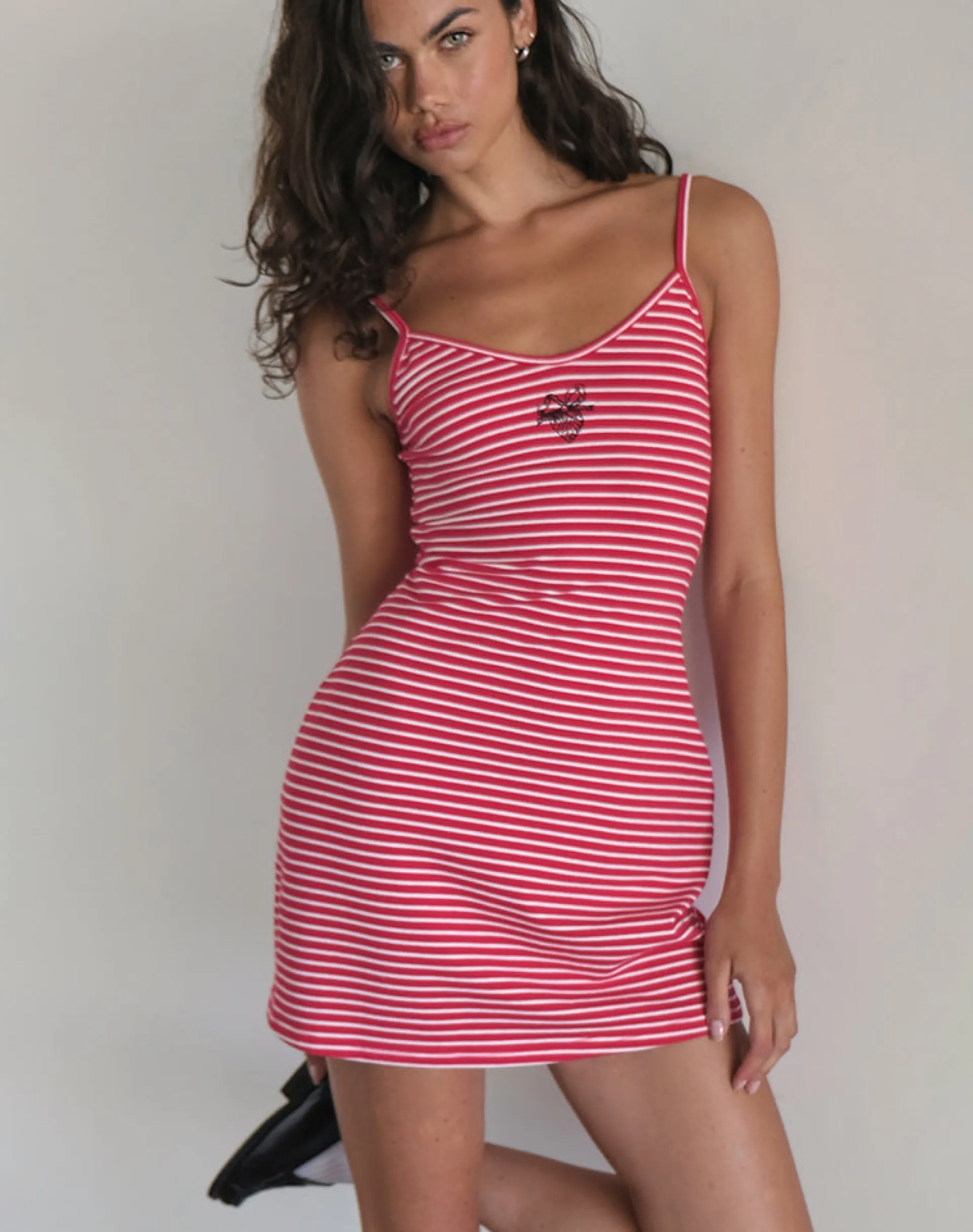 Motel Rocks Basics | Printed Dresses-Anzhelina Strappy Mini Dress in Red and White Stripe with Strawberry Emb