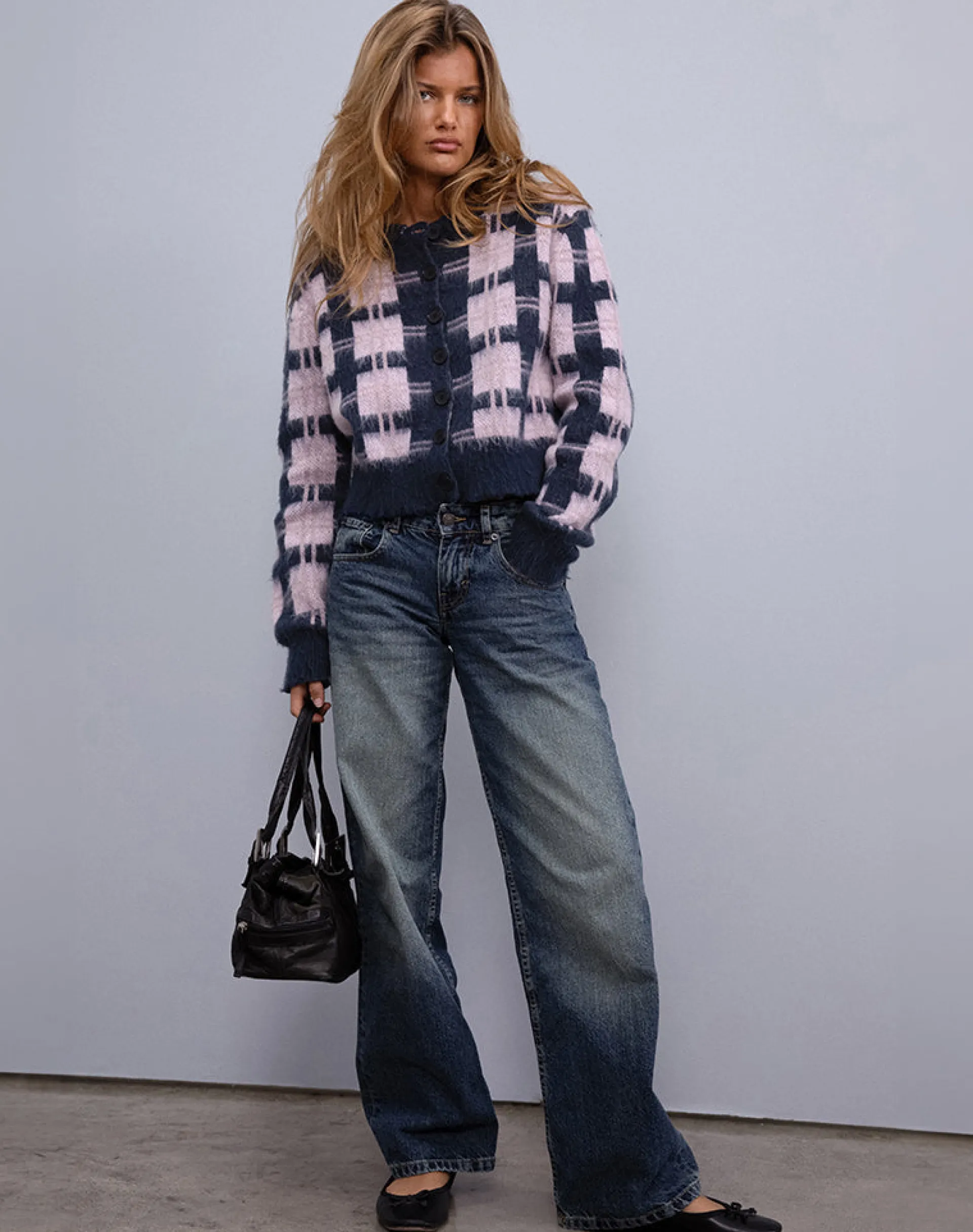 Motel Rocks Cardigans-Anzio Button Up Cardigan In Multi Check Navy and Pink MultiCheckNavyandPink