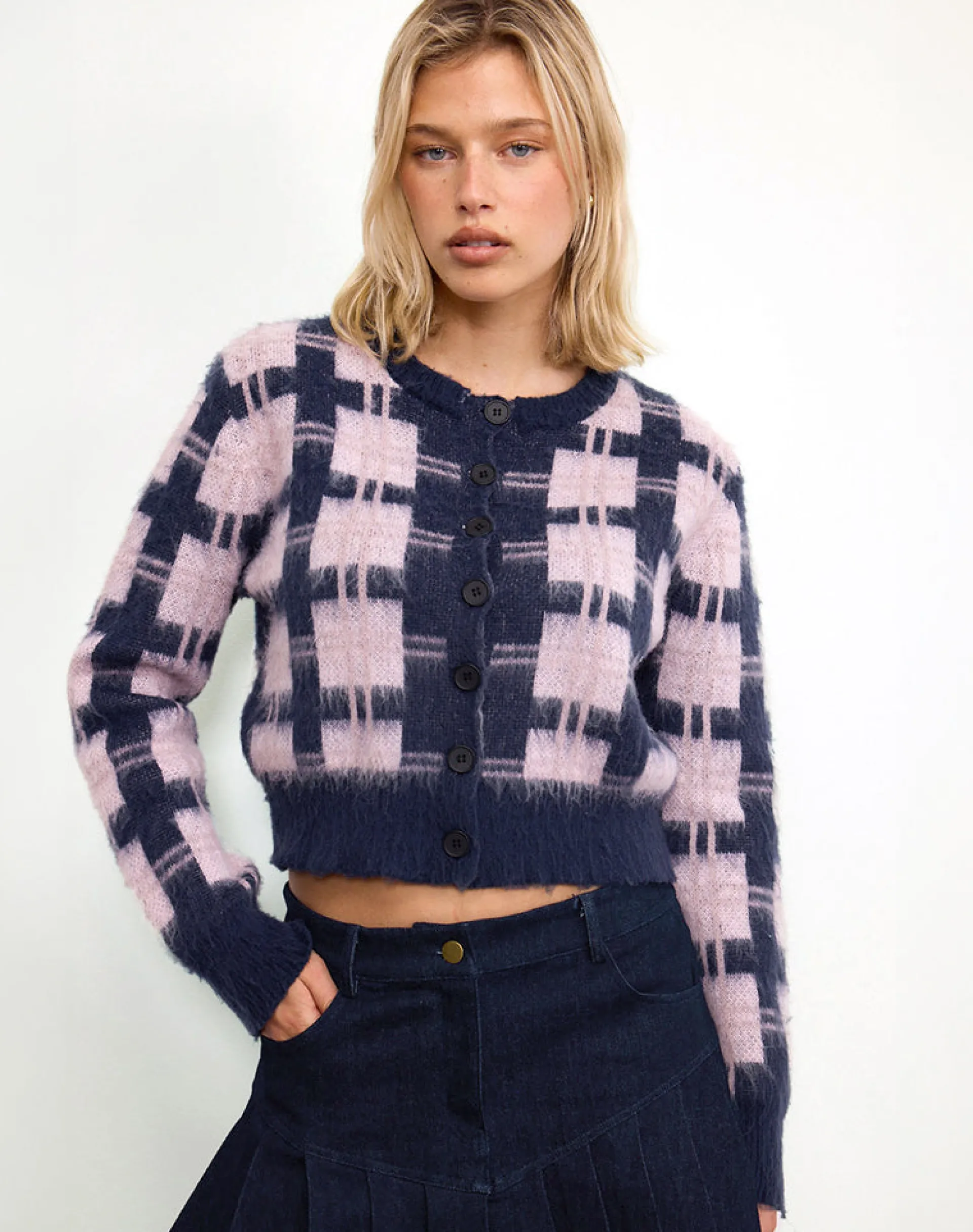 Motel Rocks Cardigans-Anzio Button Up Cardigan In Multi Check Navy and Pink MultiCheckNavyandPink