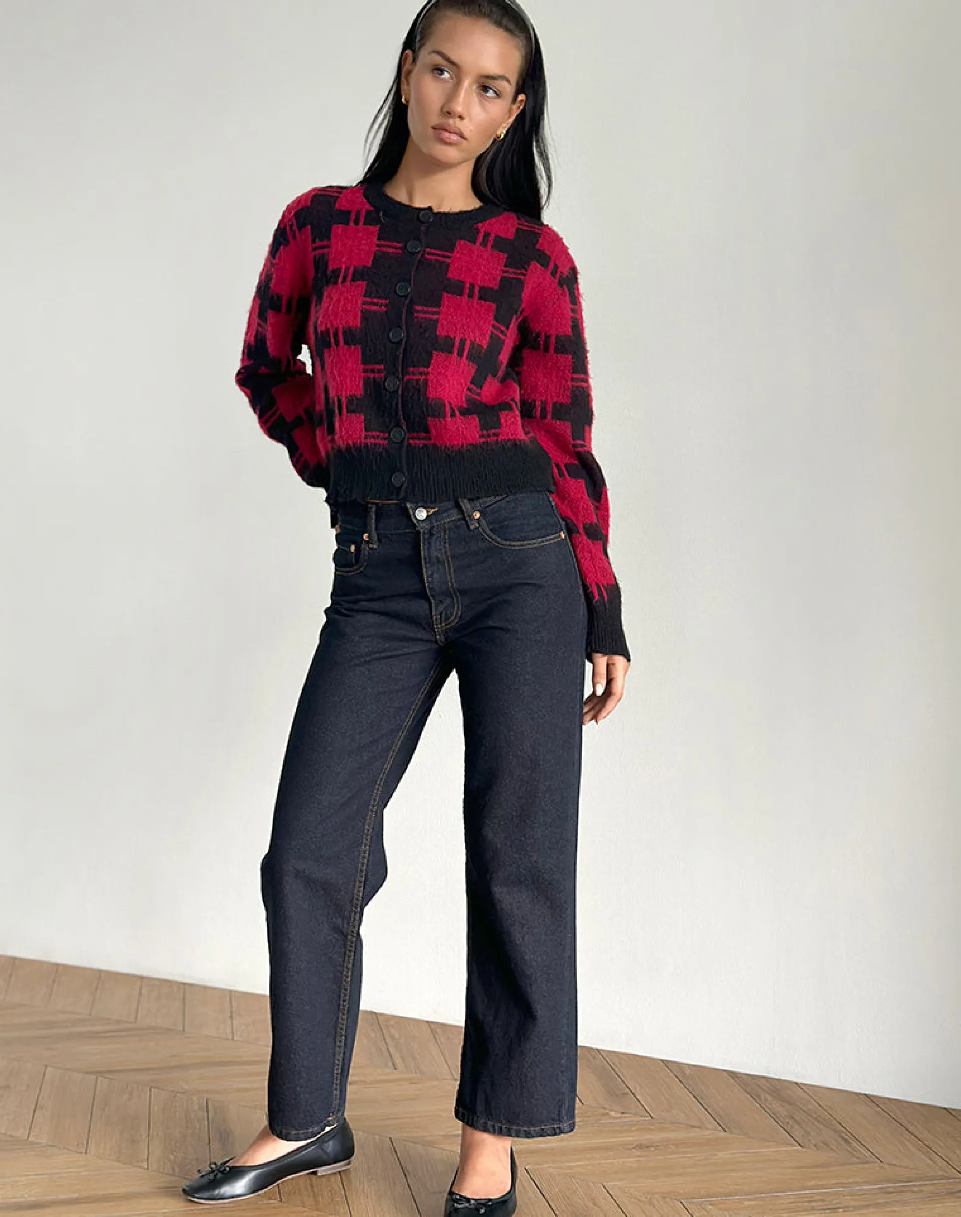 Motel Rocks Cardigans-Anzio Cardigan in Black and Red Check Knit BlackandRedCheckKnit