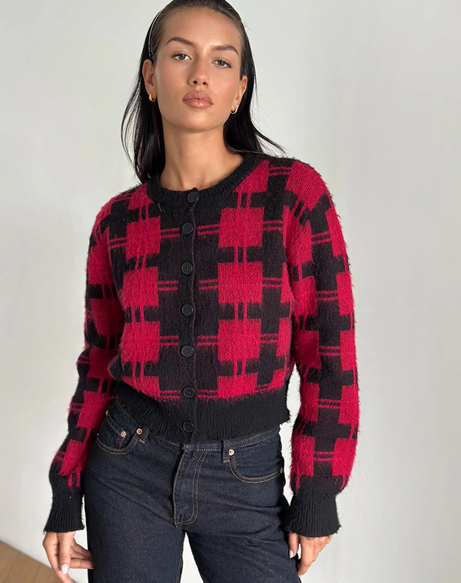 Motel Rocks Cardigans-Anzio Cardigan in Black and Red Check Knit BlackandRedCheckKnit