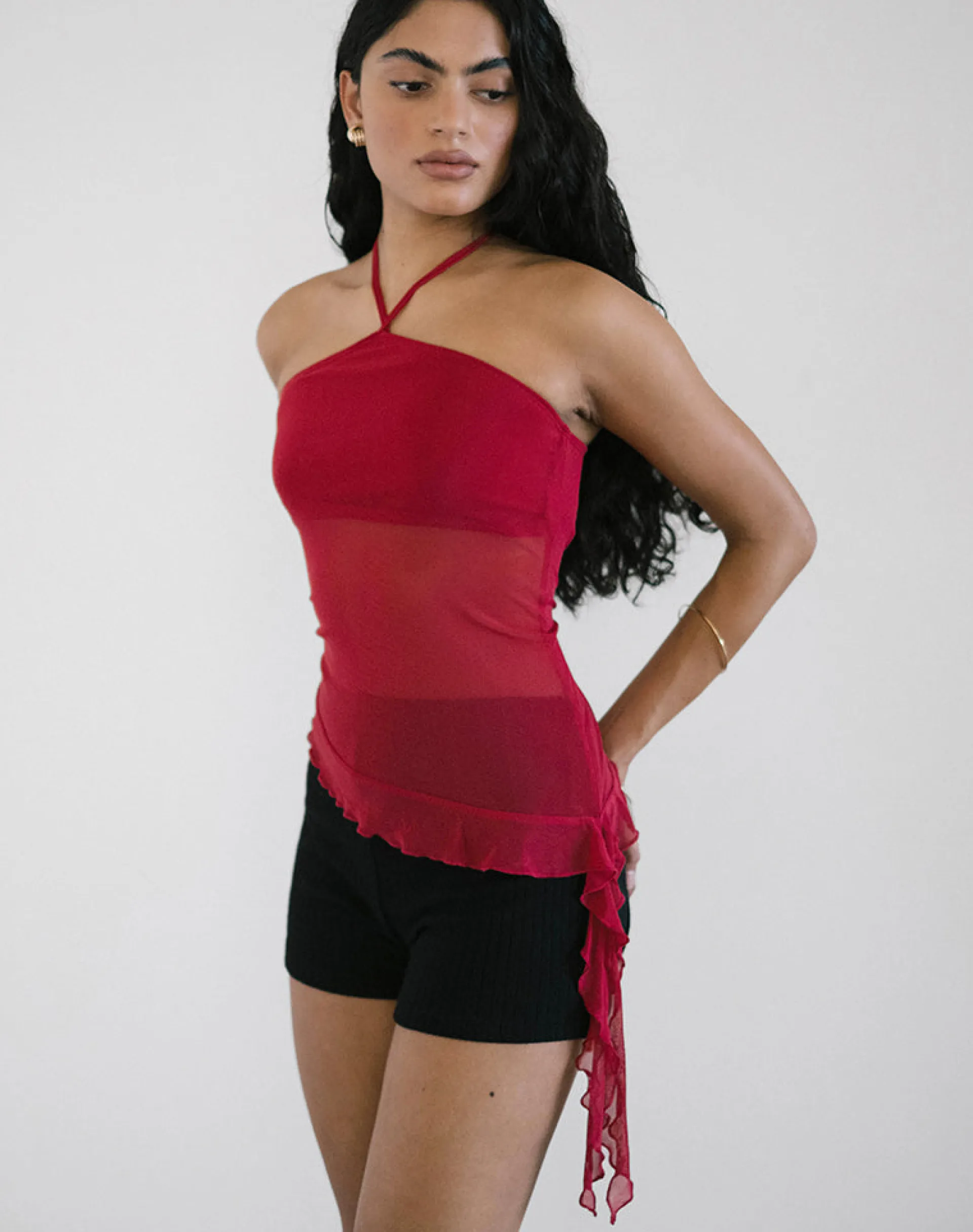 Motel Rocks Halterneck Tops | Going Out Tops-Arabella Halterneck Top in Mesh Cherry MeshCherry