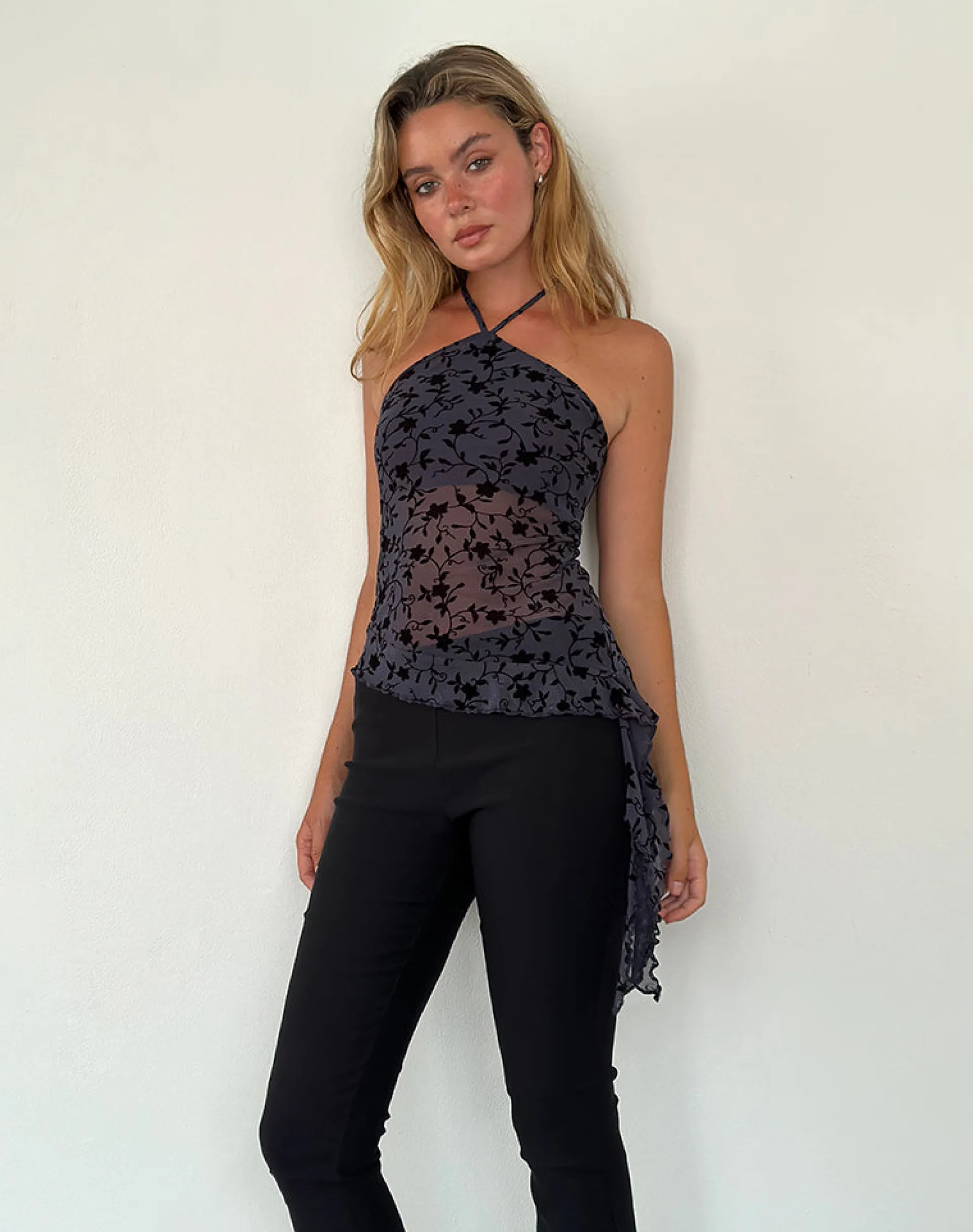 Motel Rocks Printed Tops | Halterneck Tops-Arabella Halterneck Top in Pretty Petal Flock Navy PrettyPetalFlockNavy