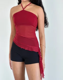 Motel Rocks Halterneck Tops | Going Out Tops-Arabella Halterneck Top in Mesh Cherry MeshCherry