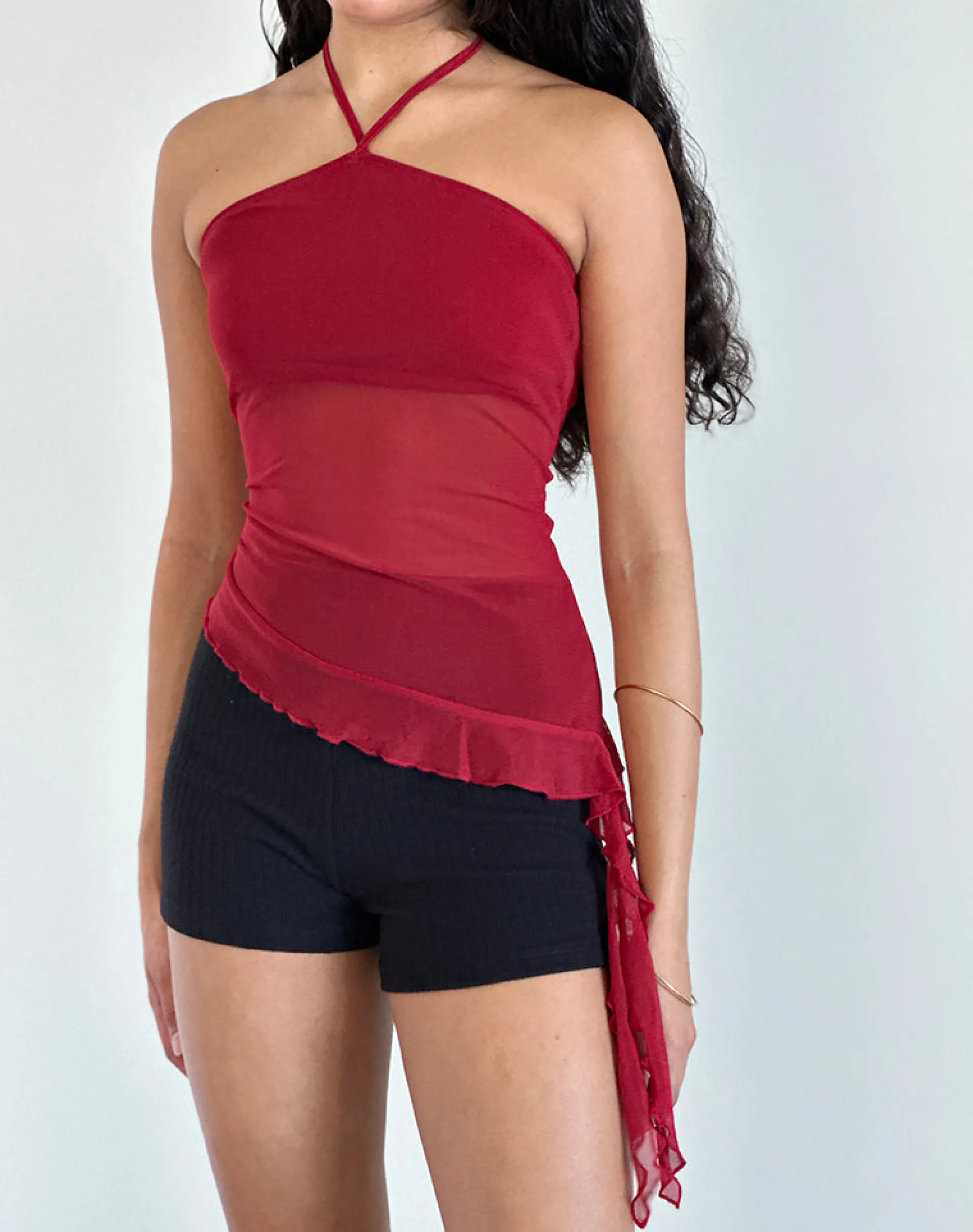 Motel Rocks Halterneck Tops | Going Out Tops-Arabella Halterneck Top in Mesh Cherry MeshCherry