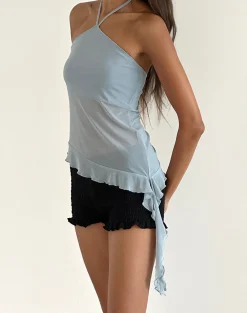 Motel Rocks Halterneck Tops-Arabella Halterneck Top in Mesh Light Blue MeshLightBlue