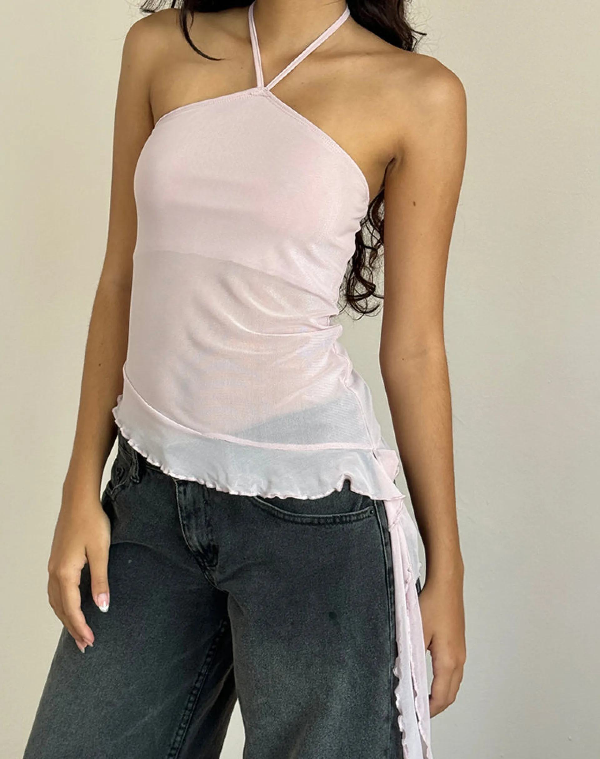 Motel Rocks Halterneck Tops | Strappy Tops-Arabella Halterneck Top In Mesh Pink MeshPink