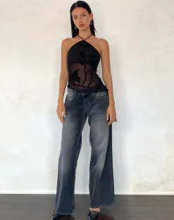 Motel Rocks Halterneck Tops | Printed Tops-Arabella Halterneck Top in Orchids Flock Black orchidsflockblack
