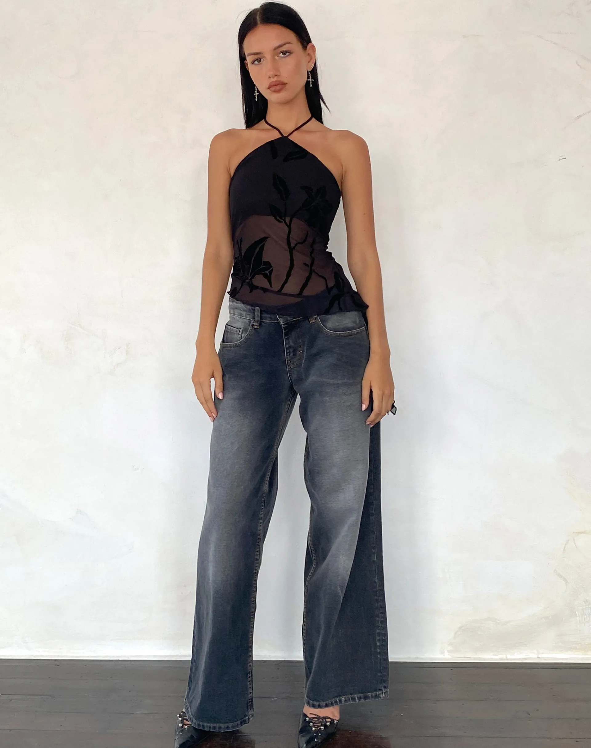 Motel Rocks Halterneck Tops | Printed Tops-Arabella Halterneck Top in Orchids Flock Black orchidsflockblack
