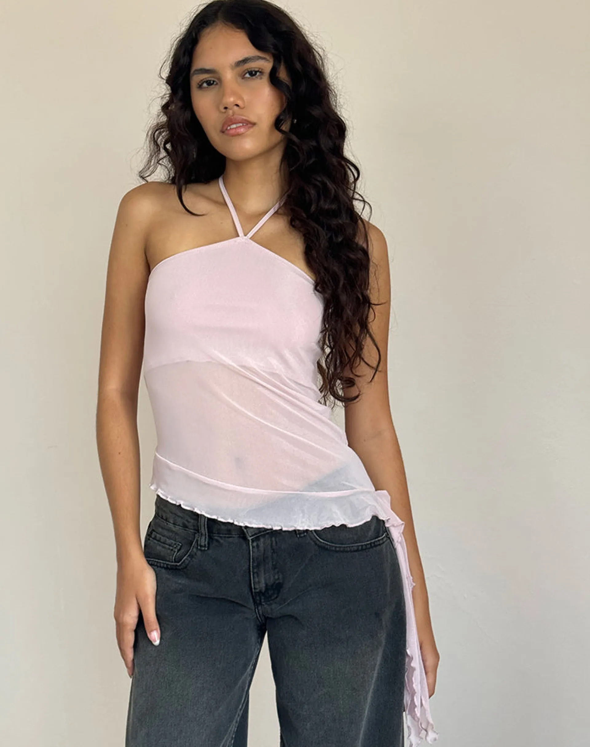 Motel Rocks Halterneck Tops | Strappy Tops-Arabella Halterneck Top In Mesh Pink MeshPink