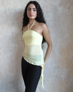 Motel Rocks Halterneck Tops | Going Out Tops-Arabella Halterneck Top in Mesh Lemon MeshLemon
