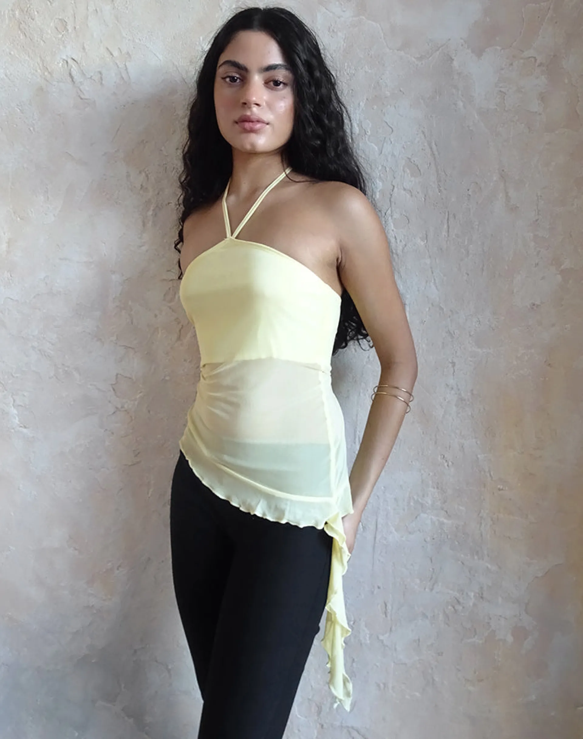 Motel Rocks Halterneck Tops | Going Out Tops-Arabella Halterneck Top in Mesh Lemon MeshLemon