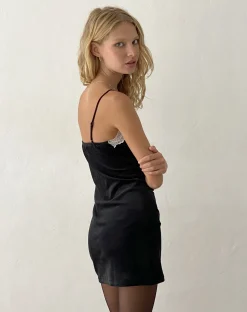 Motel Rocks Little Black Dresses | Party Dresses-Araminta Mini Dress in Black Velvet with White Lace Detail
