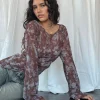 Motel Rocks Printed Tops | Long Sleeve Tops-Arcelia Long Sleeve Mesh Top in Botanical Shadow Brown