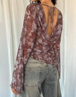 Motel Rocks Printed Tops | Long Sleeve Tops-Arcelia Long Sleeve Mesh Top in Botanical Shadow Brown